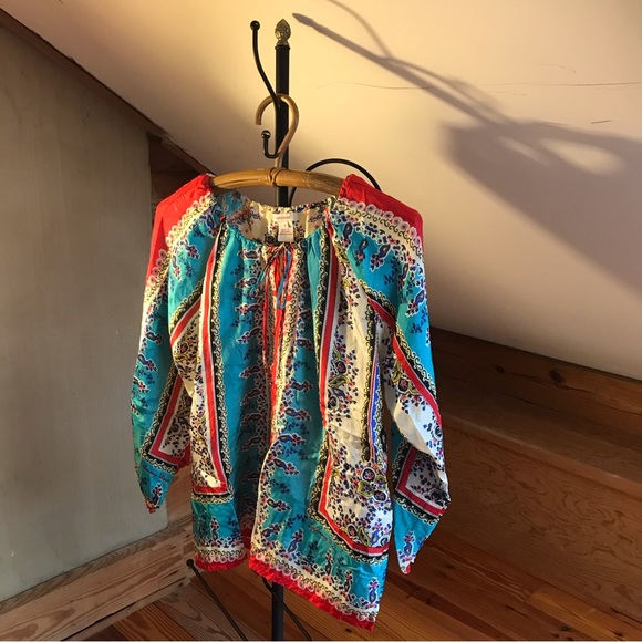 Johnny Was Sundance Red Blue Beige Silk 3/4 Peasant Top, EUC, S - Picture 8 of 12